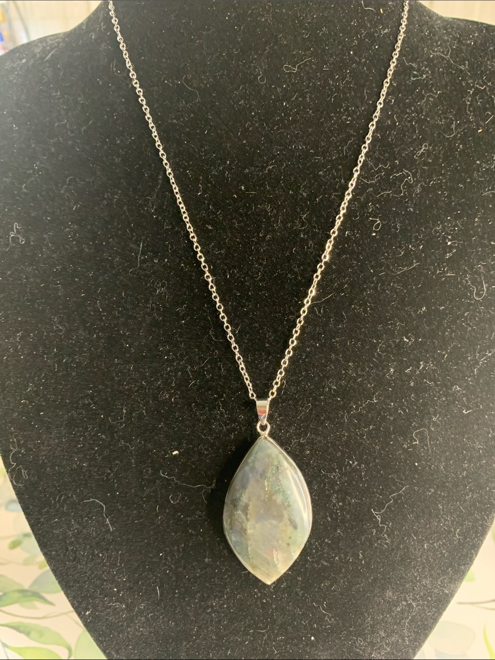 Silver Stainless Steel Chain Necklace with Iridescent Teardrop Stone Pendant